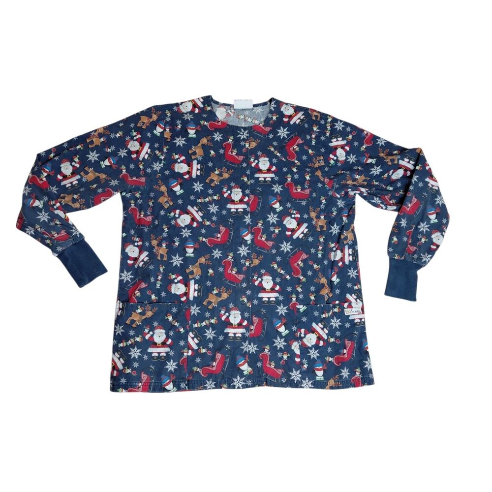 UA Scrub Jacket Medium Womens Christmas Navy Blue Santa Reindeer